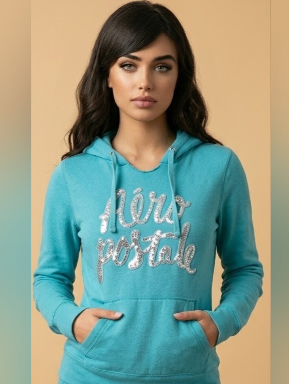 Y2k VINTAGE Aeropostale Pull Over Hoodie Teal, Aqua Blue Large Sequin Logo XL